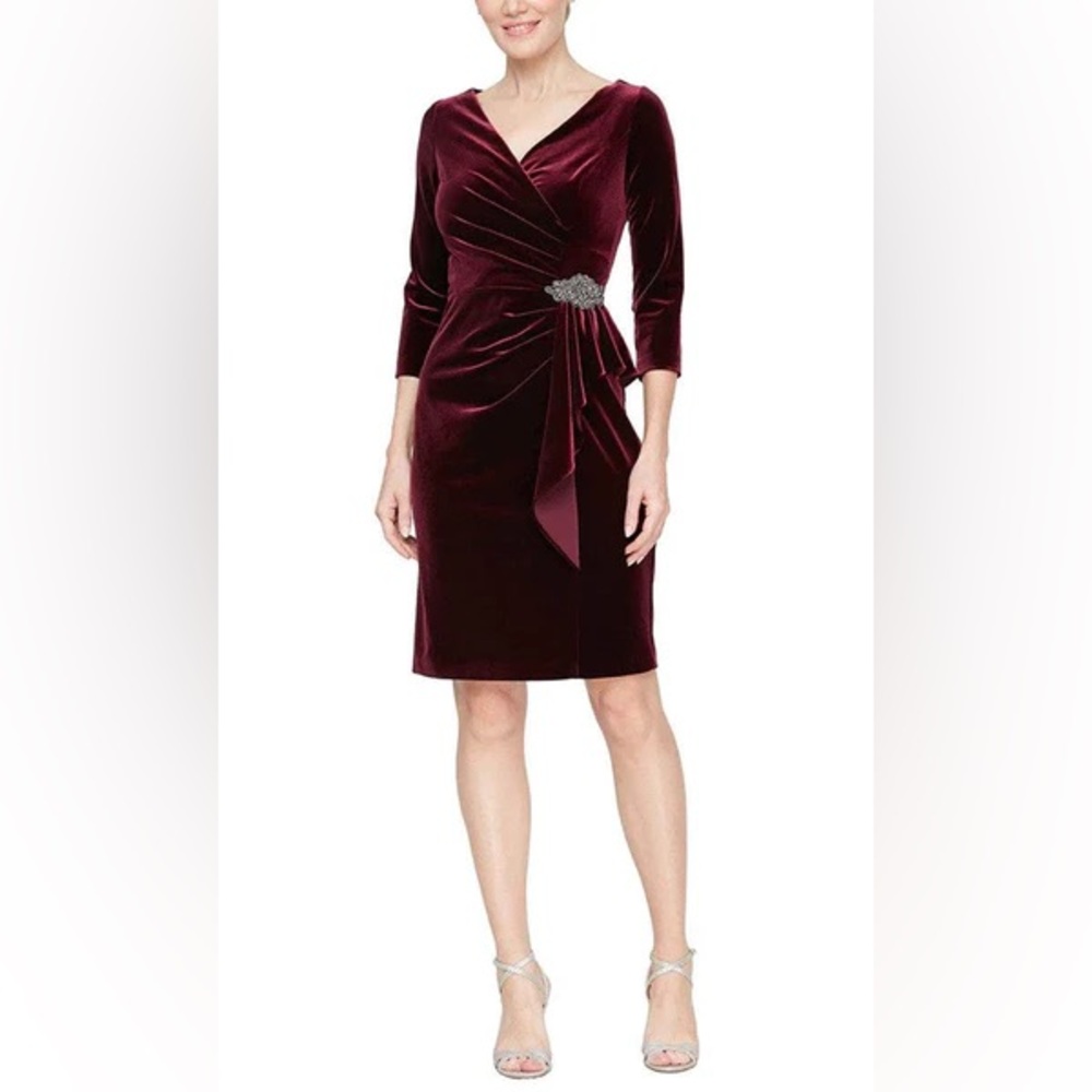 NWT Alex Evenings Womens Burgundy Ruched Velvet Embellished Knee Dress Size 12